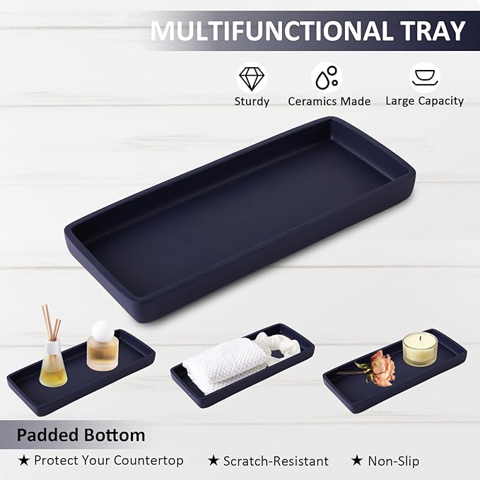 Resin 6 Pcs Navy Blue Bathroom Set Complete with Toothbrush Holder, Lotion Soap Dispenser, 2 Qtip Holder Dispensers,Vanity Tray,Bathroom Tumbler - Countertop Vanity Organizer - Bathroom Accessories