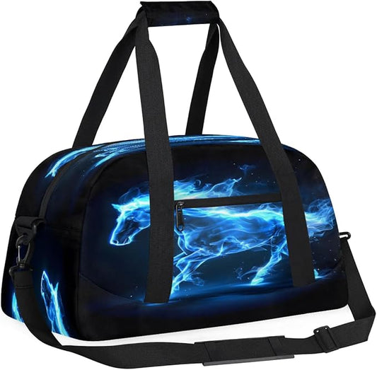 Sports Duffle Bags Travel Duffle Bag Gym Bag Weekender Travel Bag Waterproof Overnight Bag Carry On Travel Tote Bag Dance Bags -Blue Fire Horse