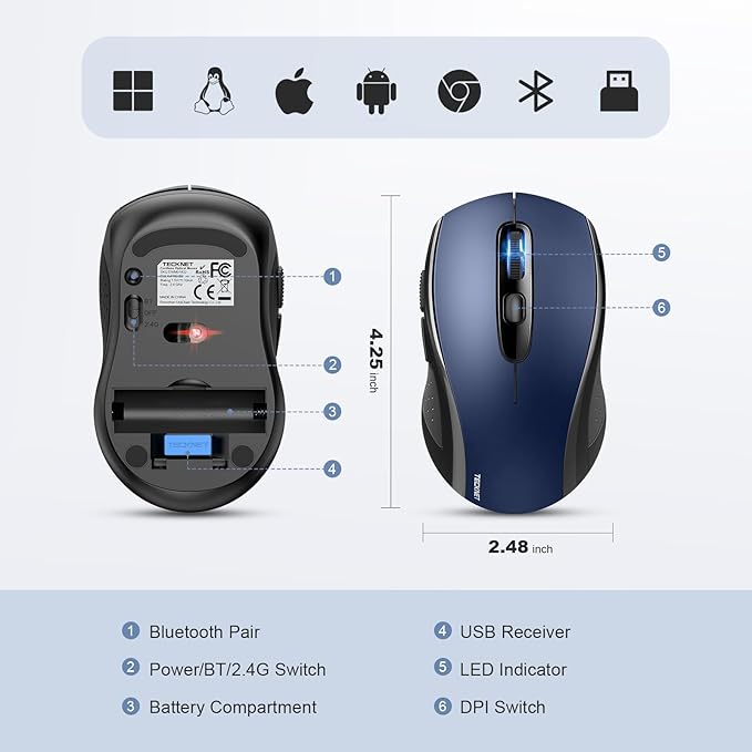 TECKNET Bluetooth Mouse, 4000DPI Wireless Mice for Laptop 2-in-1(BT 5.0/3.0+2.4Ghz) Computer Mouse with USB Receiver for Mac (USB-A+Bluetooth, Blue)