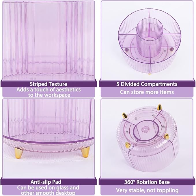 SKYDUE Rotating Pencil Pen Holder, Pen Organizer with 5 Slots - Aesthetic Desk Organizer and Accessories for School, Home, Office Supplies, Clear Purple