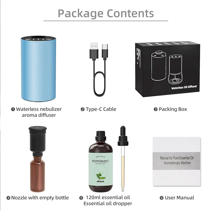 Waterless Car Diffuser for Essential Oil, Battery Operated Smart Air Freshener, Portable Mini Aromatherapy Scent Diffusers, 3 Timers & Mist Levels Cordless Nebulizer for Car Home Room Office, Blue