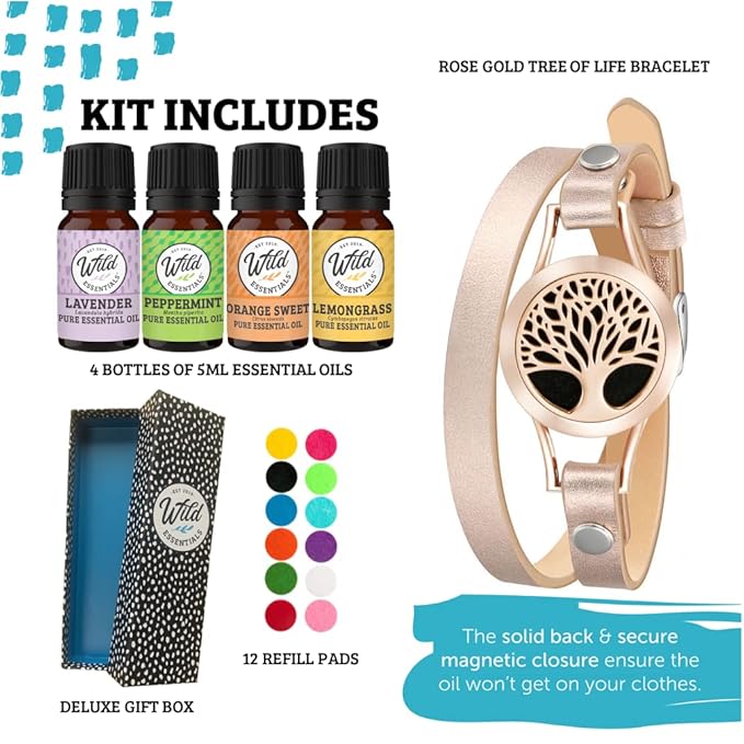 Wild Essentials Rose Gold Tree Essential Oil Leather Wrap Bracelet Diffuser, Gift Set, Lavender, Lemongrass, Peppermint, Orange Oils, 12 Pads, Customizable Color Changing Perfume Jewelry, Aromatherapy
