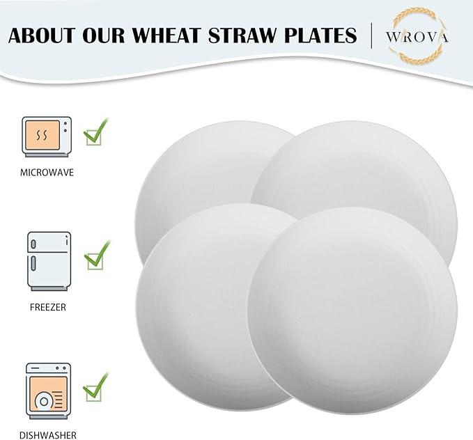 Wheat Straw Plates - 9 Inch Unbreakable Dinner Plates Set of 8 - Dishwasher & Microwave Safe Plastic Plates Reusable for Kitchen and Camping (white)