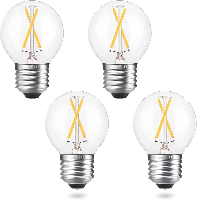 Dimmable 2 Watt Globe LED Light Bulbs (25W Equivalent), Warm White 2700K, A15/A50 LED Bulb, E26 Medium Base, Antique Filament Edison Decorative Bulb for Chandelier, Ceiling Fan, 4 Pcs
