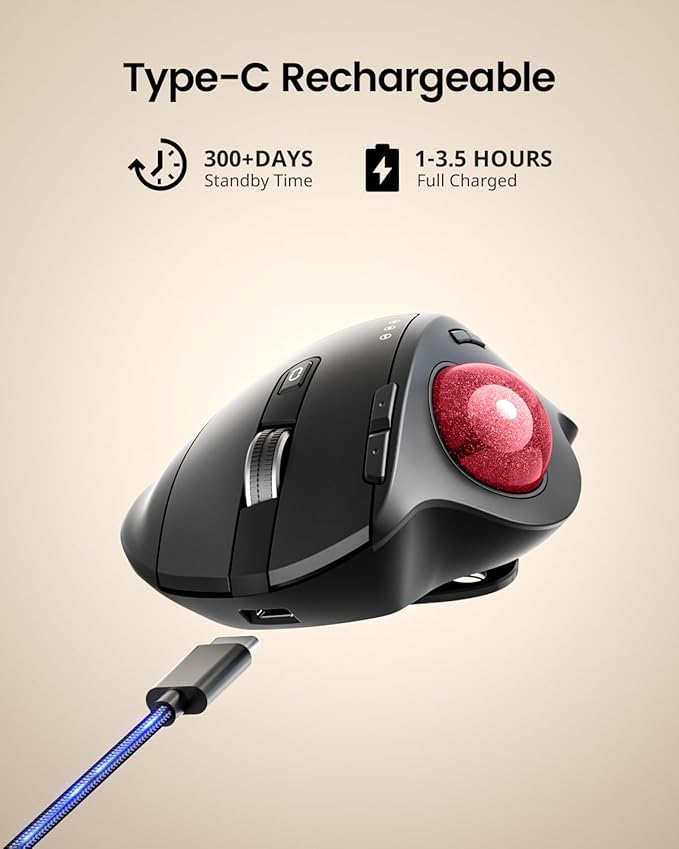 ProtoArc Wireless Trackball Mouse, EM01 NL Ergonomic Bluetooth Rollerball Thumb Rechargeable Computer Laptop Mouse, Adjustable Angle & 3 Device Connection for PC, Mac, Windows-Red Ball