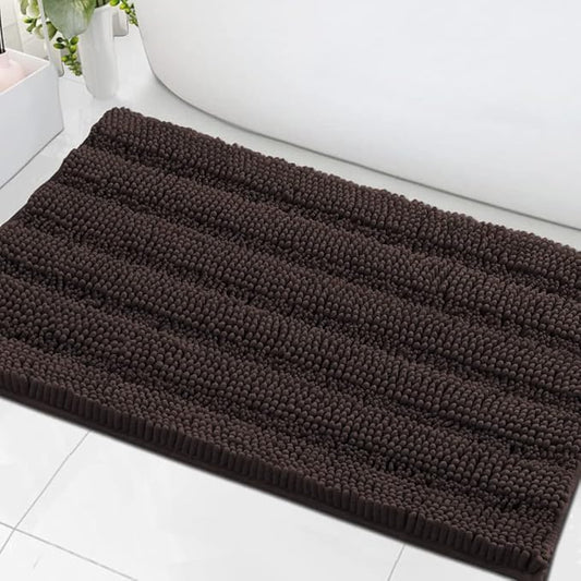 H.VERSAILTEX Bath Mats for Bathroom Non Slip Extra Thick Chenille Striped Bath Rug 24" x 36" Absorbent Non Skid Fluffy Soft Shaggy Rugs Washable Plush Mats for Indoor, Bath Room, Tub - Chocolate