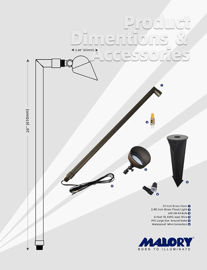 MALORY Low Voltage Landscape Path Light 4-Pack with Bulb,(24''H) 12V Brass Pathway Lights,Outdoor Garden Lights with 2W 2700K LED G4 Bulb for Yard Lawn, Patio, Walkway and Driveway(P06)