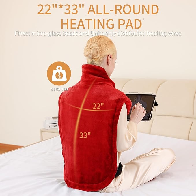 24"x33",Weighted Heating Pad for Back Pain Relief, XXL Large Size Electric Heating Pad for Neck and Shoulders,Neck Heating pad,Warm Christmas Gifts,4 Heat Settings,Auto-Off, Machine Washable,Red