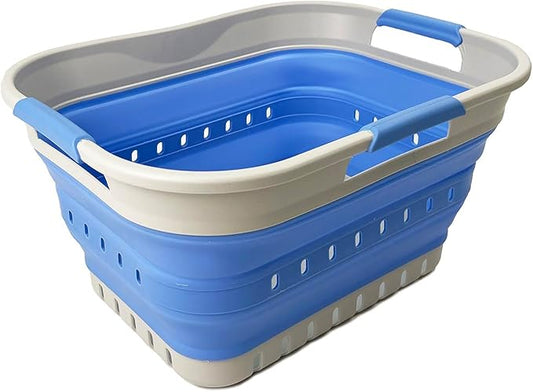 SAMMART Collapsible Plastic Rectangular Laundry Basket - Foldable Pop Up Storage Container/Organizer - Portable Laundry Hamper - Space Saving (Grey/Little Boy Blue, 19L)