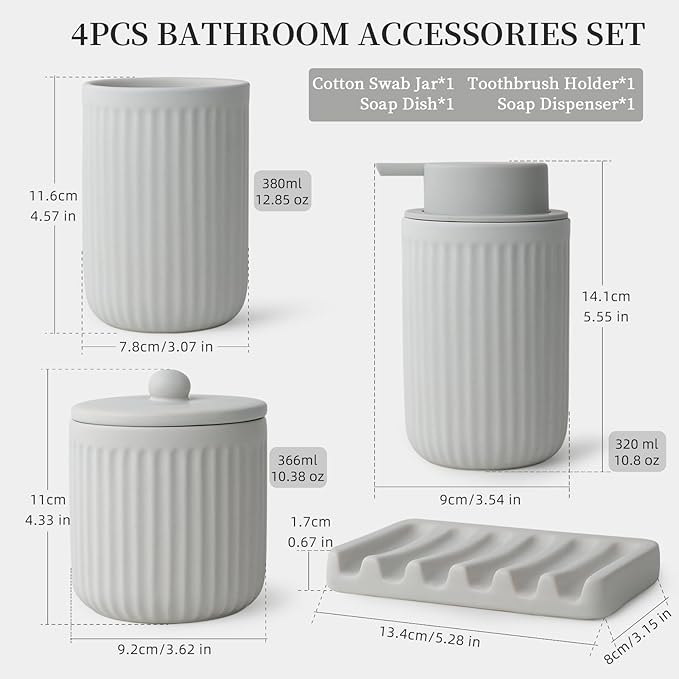 BosilunLife Ceramic Bathroom Accessories Set - Bathroom Counter Soap Set Light Grey Bathroom Decor Sets Accessories Bathroom Lotion Soap Dispenser and Toothbrush Holder Set, Soap Dish, Apothecary Jars