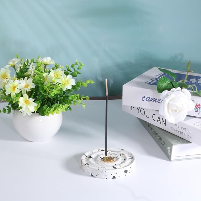 Real Terrazzo Incense Holder for Stick, Steady Base with 9 Holes Brass Built-in, Easy Catch, Corlorful Marble Stone Incense Holder for Indoor and Outdoor Used, Home Decor Accessories