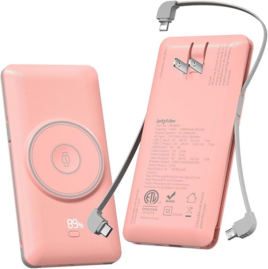 Magnetic 10000mAh Portable Charger for iWatch & iPhone, 22.5W USB C Fast Charging Wireless Power Bank Built-in Cables and Wall Plug, External Travel Battery Pack Compatible with iOS Android Devices