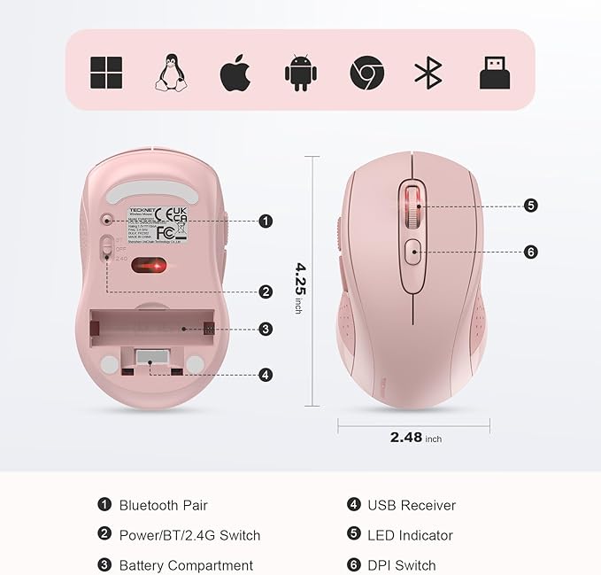TECKNET Bluetooth Mouse, 4000DPI Wireless Mice for Laptop 2-in-1(BT 5.0/3.0+2.4Ghz) Computer Portable PC Mouse Wireless with USB Receiver for Mac (USB-A+Bluetooth, Pink)