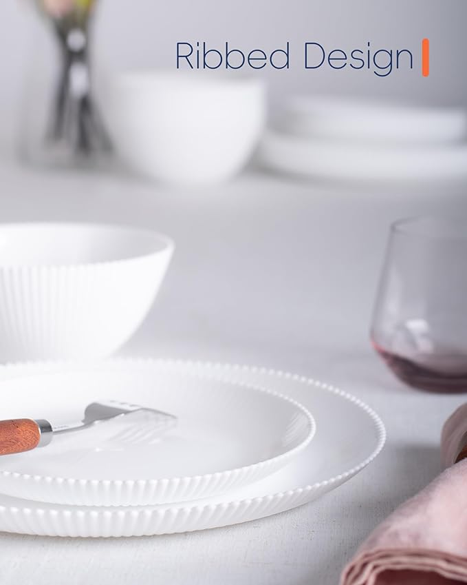 10.5 inch Ribbed Dinner Plate Set of 6, Round Opal Glass White Dinnerware Plates, Dishwasher and Microwave Safe