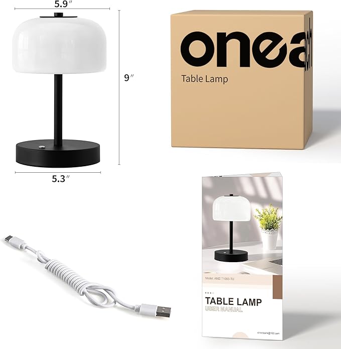 Oneach 2 Pack Cordless Table Lamps, 9" Portable Rechargeable Battery Powered Desk Lamp, Opal Glass Shade, 3 Level Brightness Dimmable, Mushroom Table Lamps for Bedroom, Living Room, Outdoor, Black