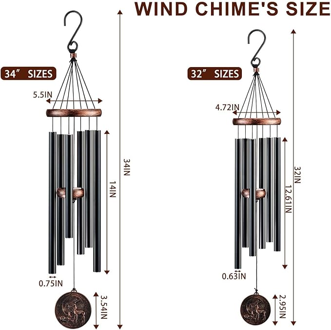 Wind Chimes for Outside, Vintage Deer Deep Tone Wind Chime Outdoor Clearance, Patio Porch Balcony Decoration, Garden Hanging Decor Gifts for Women Mom Grandma (32" Deer)