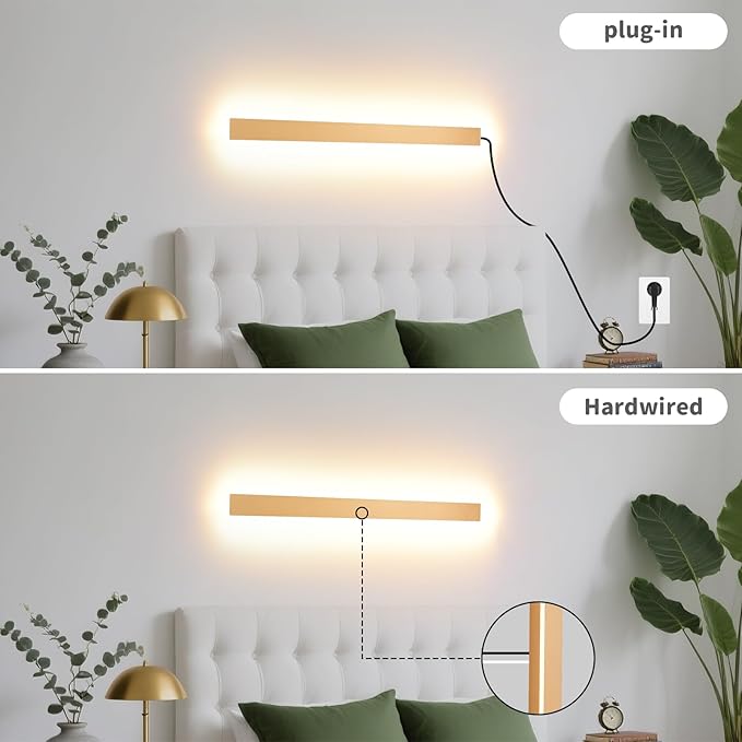 Modern Plug in Wall Sconces, 23.6 inch Frosted Gold LED Long Wall Lights, 12W Warm White 3000K Acrylic Indoor Wall lamp,with 59" Plug Cable for Bedroom, Living Room, Bathroom Makeup, Hallway