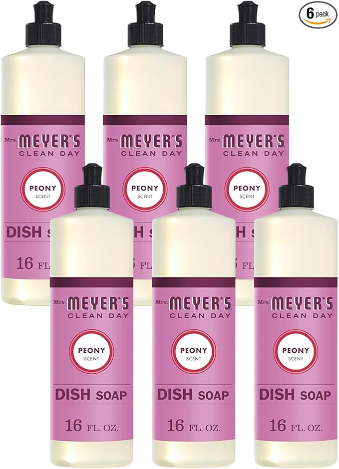 MRS. MEYER'S CLEAN DAY Liquid Dish Soap, Biodegradable Formula, Peony, 16 fl. oz - Pack of 6