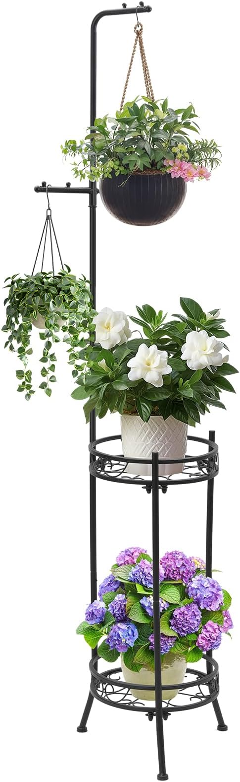 Adjustable Metal 4 Potted Flower Pot Plant Stands - 2 Tier 72 inch Tall Indoor Outdoor Heavy Duty Plant Shelf with Hangers - Perfect for Living Room Corner and Patio (Black)