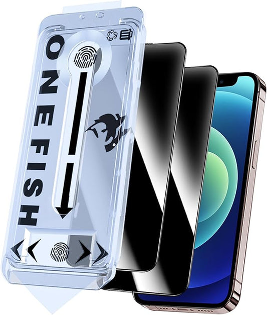 OneFish Privacy Screen Protector for iphone 12/12 Pro, Anti-Spy Tempered Glass Private, Edge Protection Screen Protector with Installation Frame, 9H Glass Scratch Resistant,Bubble Free,2 Packs