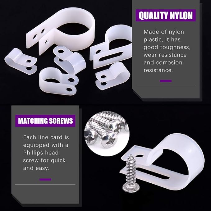 Swpeet 135 Pack 6 Sizes White Nylon Plastic R-Type Cable Clips Clamp Assortment Kit, 1/4" 5/16" 3/8" 1/2" 3/4" 1" Nylon Screw Mounting Cord Fastener Clips with 135 Pack Screws for Wire Management