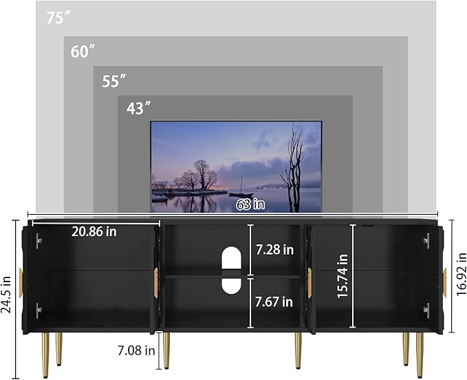 HLR 63''Modern Black TV Stand for 65/70/75 inch TV, Entertainment Center with Storage Cabinet, Mid CenturyTV Console,Embossed Pattern TV Stand, TV Media Console for Living Room, Bedroom