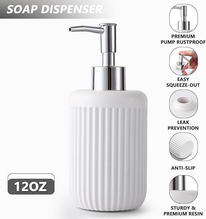 Resin White Bathroom Accessories Set 5 Pcs, Lotion Soap Dispenser, Toothbrush Holder, Bathroom Tumbler, Qtip Holder and Vanity Tray, Bathroom Countertop Organizer Set for Modern Home Apartment