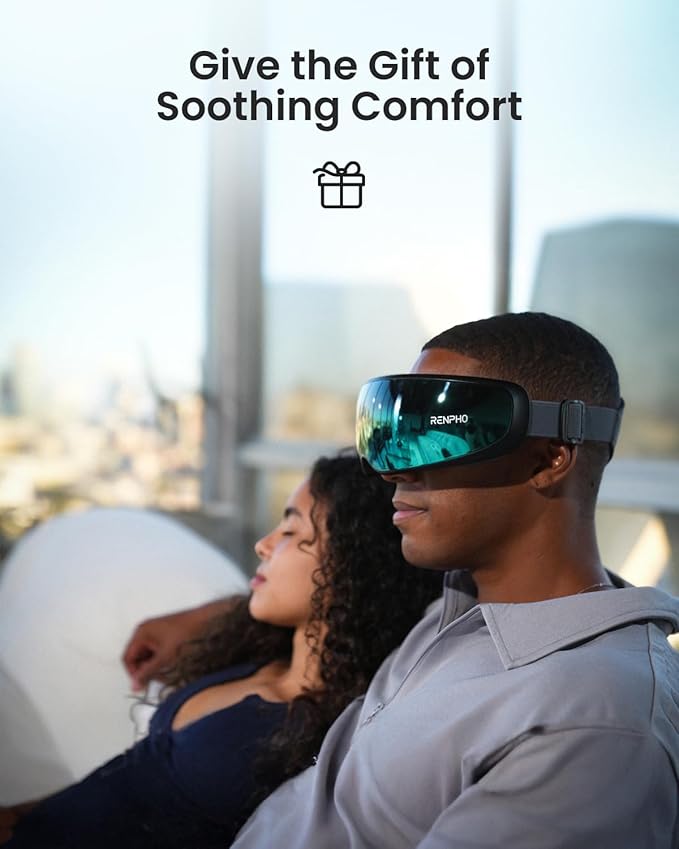 RENPHO Eyeris Caligo Eye Massager with Mist & Temple Massage, Slidable Temple Massager for Migraines, Eye Mask for Mom Dad Women Men Her Him,Head Circumferences 21.7in to 27.5in