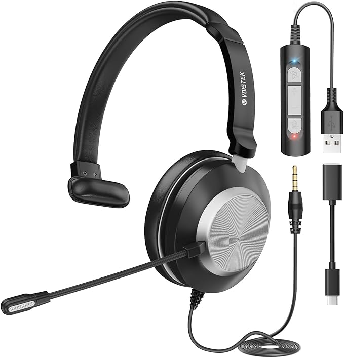 USB Headset with Mic for Laptop PC,Wired On Ear Mono Computer Headphones with Noise Cancelling Microphone,in-line Control for Office Work,Call Center,Video Meeting