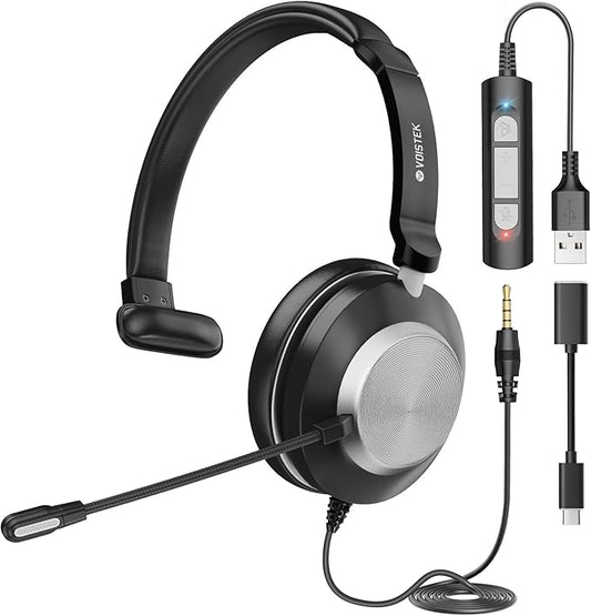 USB Headset with Mic for Laptop PC,Wired On Ear Mono Computer Headphones with Noise Cancelling Microphone,in-line Control for Office Work,Call Center,Video Meeting