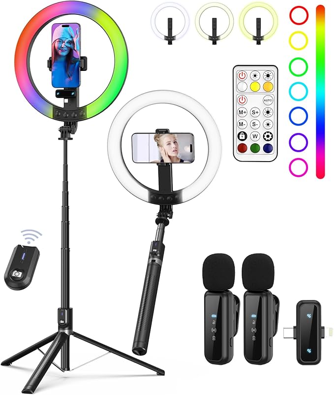 Vlogging Kit for iPhone/Android - 10" Selfie Ring Light with 74" Tripod Stand & Phone Holder, Tripod for iPhone with Light and Microphone, YouTube Starter Kit for TikTok/Makeup/Content Creator