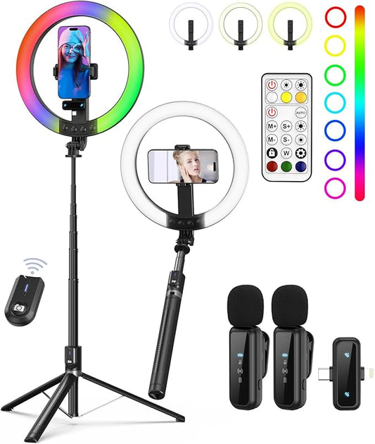 Vlogging Kit for iPhone/Android - 10" Selfie Ring Light with 74" Tripod Stand & Phone Holder, Tripod for iPhone with Light and Microphone, YouTube Starter Kit for TikTok/Makeup/Content Creator