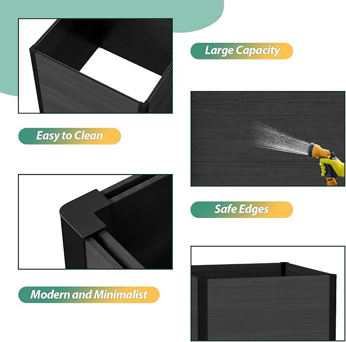 Raised Garden Bed - Expandable Design with Composite Panels & Aluminum Frame - Perfect for Flowers, Vegetables, Herbs - Outdoor Planter Box for Patio, Balcony, Backyard (Black)