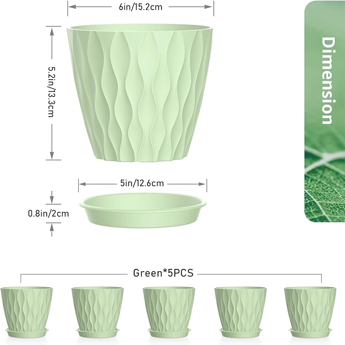 6 inch Plant Pots, 5 Set Water Ripples Flower Pots for Indoor Outdoor Plants, Plastic Planters with Drainage Holes and Saucers, Nursery Pots for Small Succulent Garden House Plants, Green