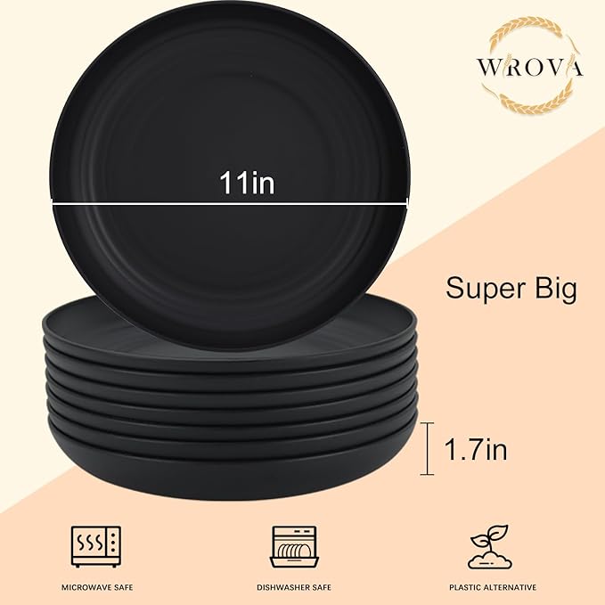 Large Wheat Straw Dinner Plates - 11 Inch Unbreakable Set of 8 - Dishwasher & Microwave Safe, Deep Edge for Kitchen and Camping (Black)
