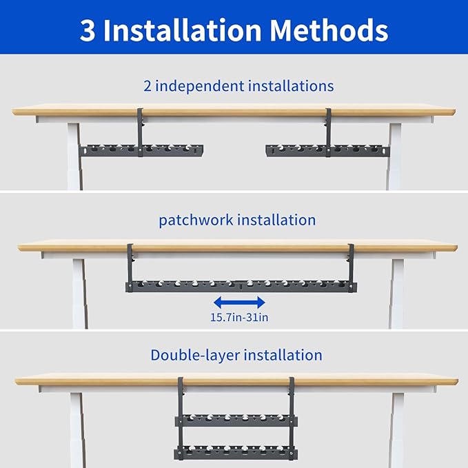 31Inch Extendable Under Desk Cable Management Tray Multi-Model Metal Cable Management Tray Under Desk Cord Management with Clamp Power Strip Cord Holder for Wire Cable Management