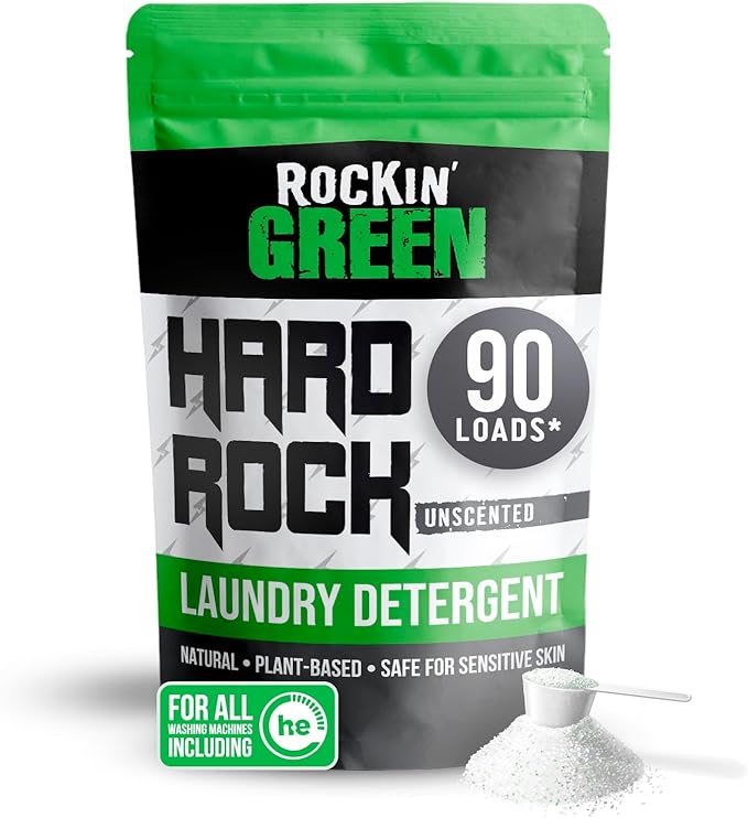 Rockin' Green Hard Rock Laundry Detergent for Hard Water (90 Loads), Plant based, Natural Laundry Detergent Powder, Biodegradable Odor Fighter, Safe for Sensitive Skin, 45 oz (Unscented)