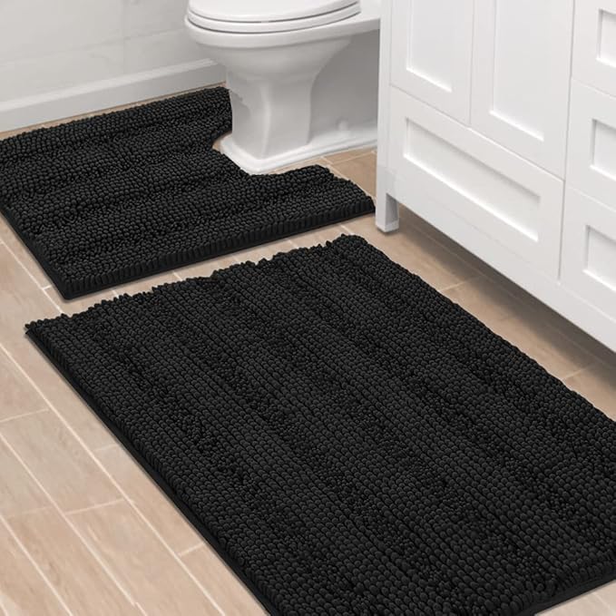 H.VERSAILTEX Bathroom Rugs Bath Rug Set 2 Piece Bathroom Contour Rug Toilet Mat Sets Non Slip Contour Bath Rug Ultra Thick Water Absorbent Striped Bath Mats Washable(36" x 24" Plus 20" x 24" U, Black)