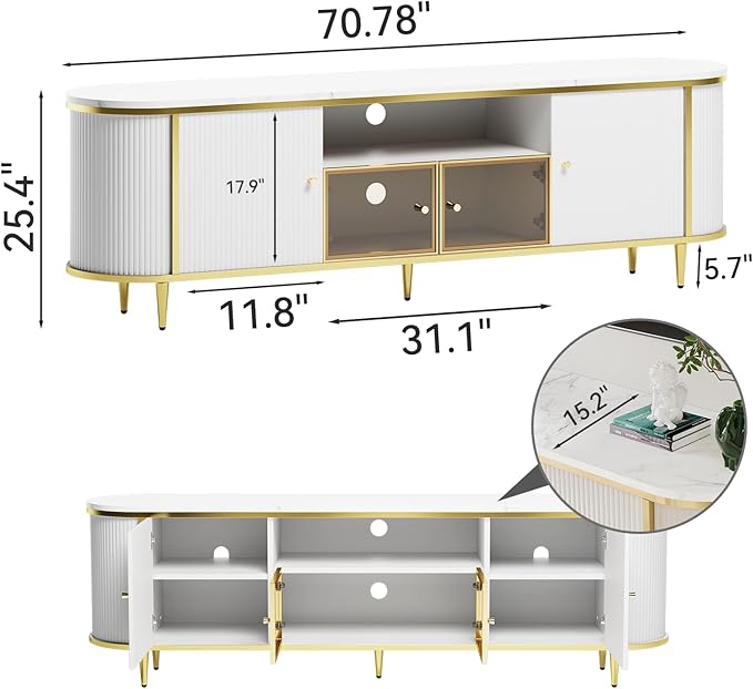 Luxury 70" Fluted TV Stand, Modern Entertainment Center for TVs Up to 80”, TV Console with Faux Marble Tabletop, Curved Profile Design, Media Console for Living Room, White