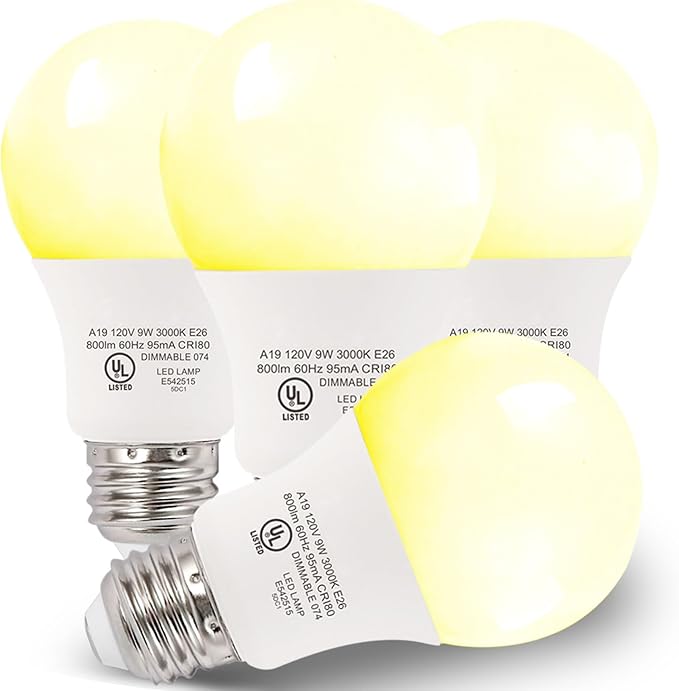 4-Pack Neutral White LED Bulbs - Suitable for Bedroom & Living Area, 60W Equivalent, 3000K, 9W, 15000-Hour Lifespan, E26 Socket