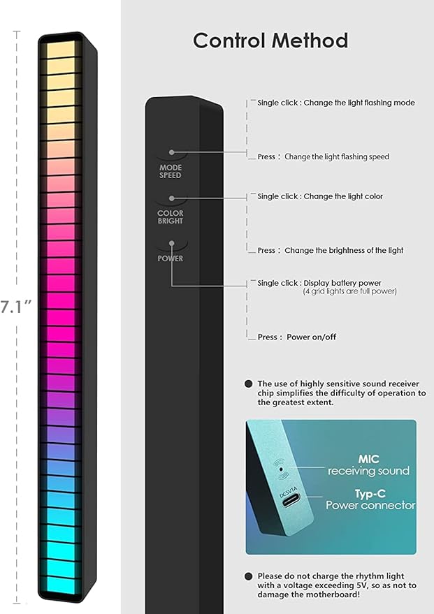 Soulpunk RGB Rechargeable Sound Control Light, Voice-Activated Pickup Music Rhythm Lights, Creative Colorful LED Ambient Light, with 15 Modes Music Sync 32-Bit Audio Spectrum for Car（4 Pack-App）