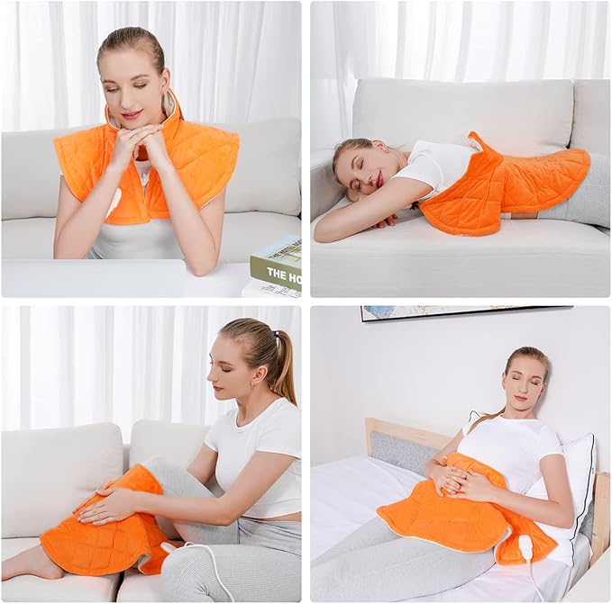 Electric Heating Pad for Neck and Shoulders, Weighted Neck Heating Pad for Pain Relief, 6 Heat Settings Far Infrared Heated Pad with Auto Off (Orange XXL)