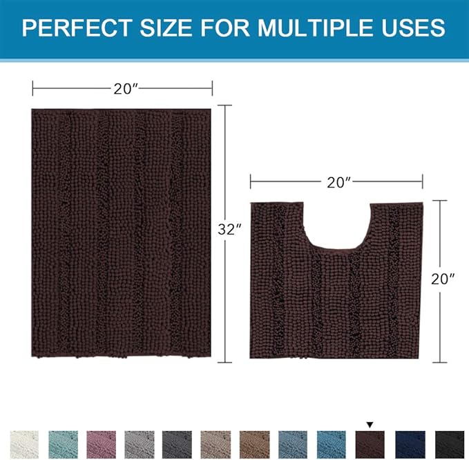 Bathroom Rugs Bath Rug Set 2 Piece Bathroom Contour Rug Toilet Mat Sets Non Slip Contour Bath Rug Set Ultra Thick Water Absorbent Striped Bath Mats Washable(20" x 32" Plus 20" x 20" U, Chocolate)