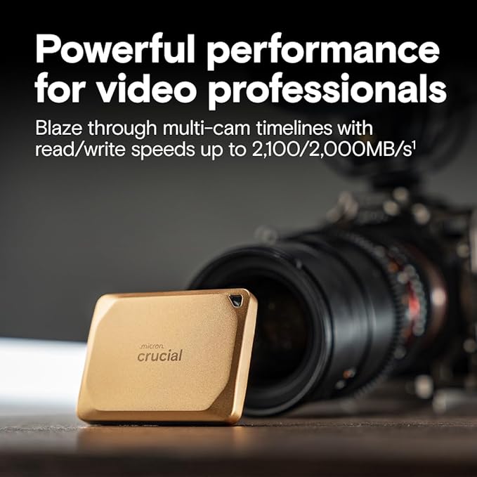 Crucial X10 Pro 2TB Portable SSD, Up to 2,100MB/s Read, 2000MB/s Write, USB 3.2 USB-C, External Solid State Drive, Durable Storage for Professional Creators, Gold - CT2000X10PROSSD9D02