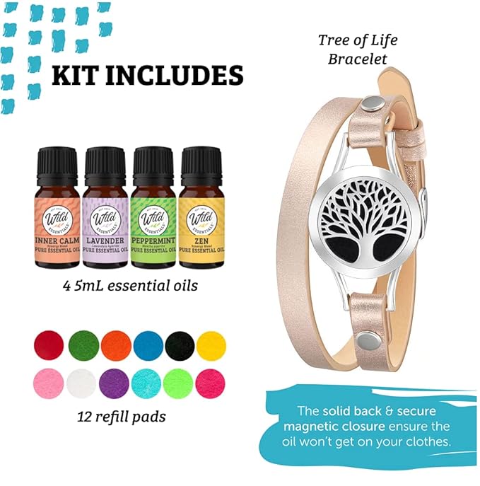 Wild Essentials Tree of Life Essential Oil Leather Wrap Bracelet Diffuser, Gift Set, Lavender, Lemongrass, Peppermint, Orange Oils, 12 Pads, Customizable Color Changing Perfume Jewelry, Aromatherapy