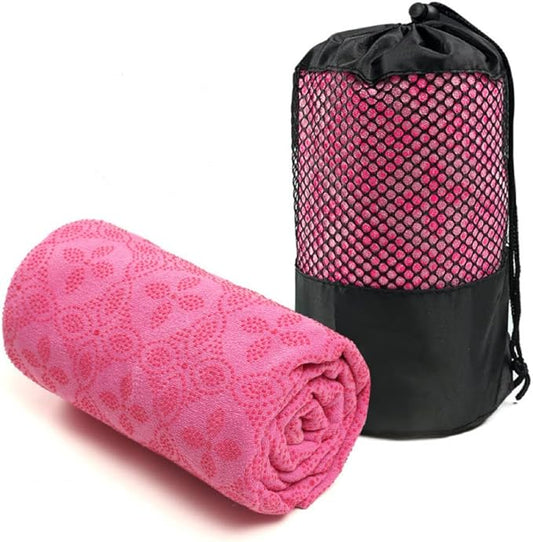 Yoga Towel, Hot Yoga Mat Towel - Sweat Absorbing Non-Slip for Hot Yoga, Pilates and Workout, 24x72 inches with Upgraded Clover-Shaped Grip Dots (Deep Pink)