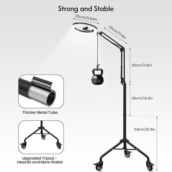 LUXSURE Ring Light Tripod for iPhone,Ring Light with Stand and Phone Holder,LED Overhead Camera Mount with Casters,Phone Tripod with Light and Remote for Video Recording/Live Stream/Cooking