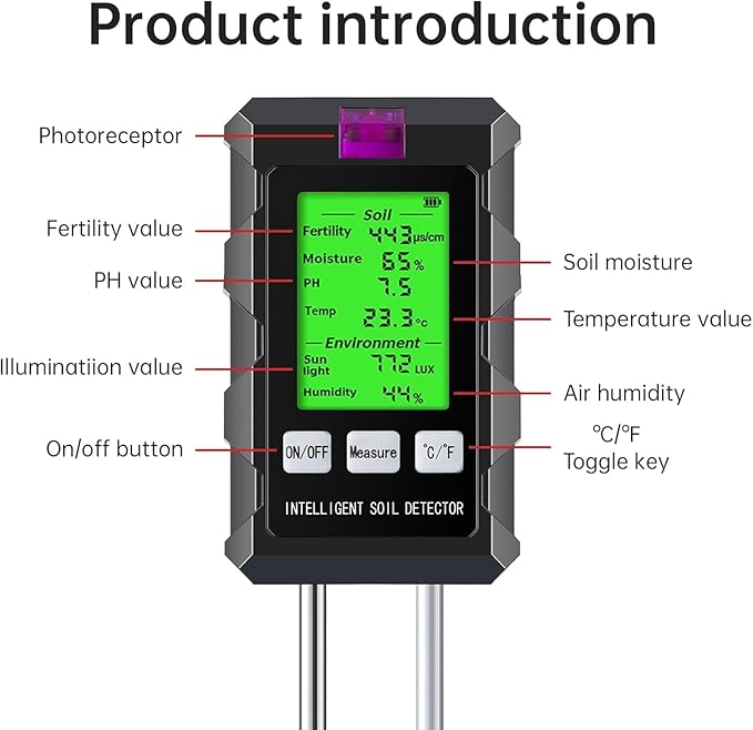 6-in-1 Soil Moisture Meter/Soil Moisture/PH Meter/Temperature/Sunlight/Fertility/Environmental Soil Tester for Farming, Gardening, Lawns and Outdoor Plants (2*AAA Battery Needed)