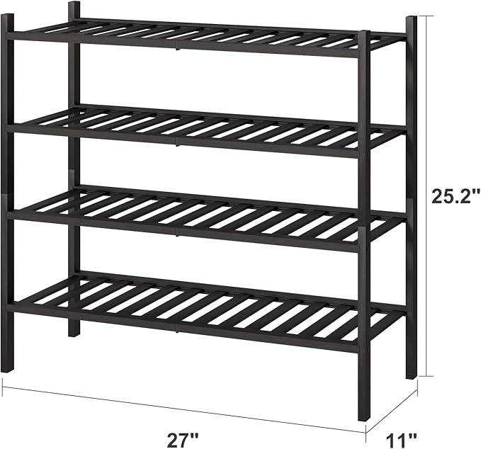 4-Tier Black Bamboo Shoe Rack for Entryway, Stackable | Foldable | Natural, Shoe Organizer for Hallway Closet, Free Standing Shoe Racks for Indoor Outdoor