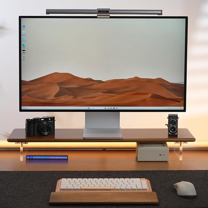 Bamboo Monitor Stand Riser with Acrylic Legs for Desk, 31.5 Inches Desktop Shelf Supports for PC Computer Monitor, Laptops, Printer, Speakers (Brown)